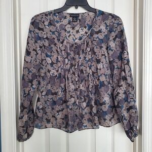 Raffaella Womens Size 8 Silk Floral Long Sleeve Blouse Moody Blue Gray‎ Career
